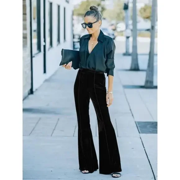 High Waist Velvet Flare Holiday Dressy Pants - Picture 3 of 15